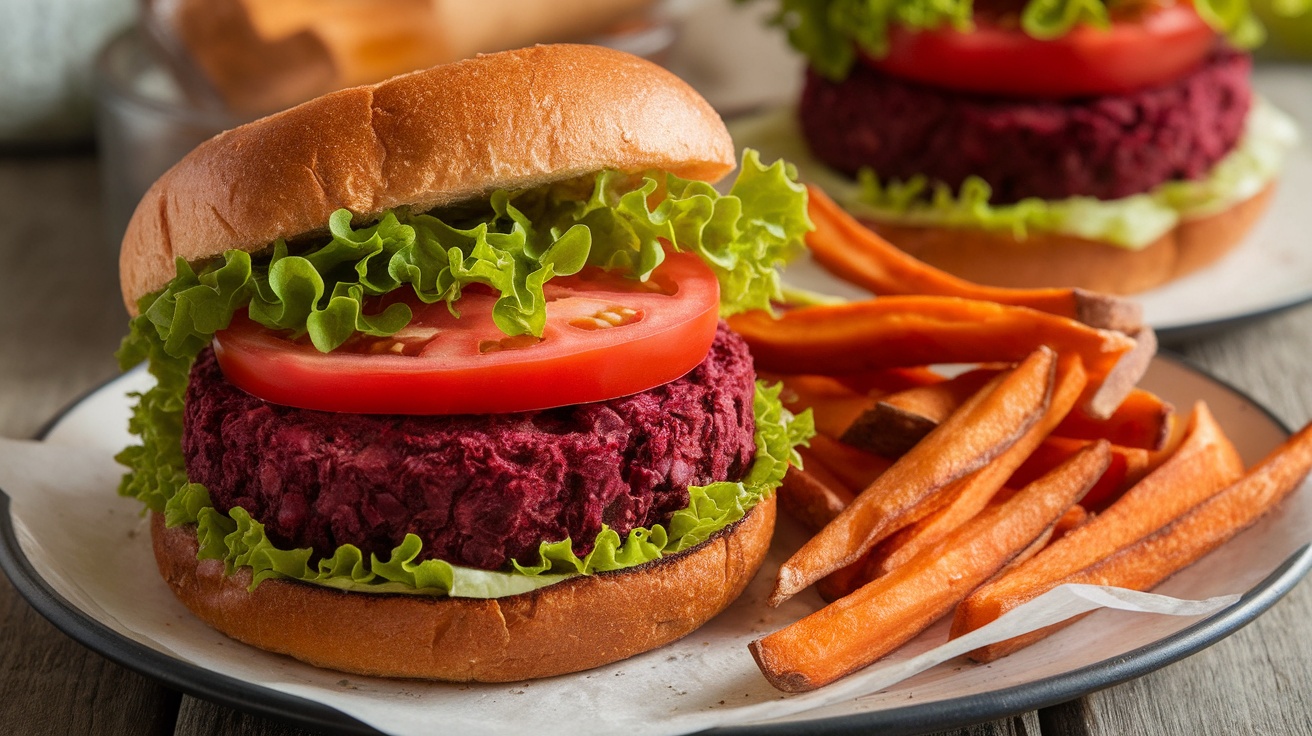 Delicious Vegan Beet and Black Bean Burgers A delicious Vegan Beet and Black Bean Burger with lettuce and tomato on a bun, accompanied by sweet potato fries on a wooden table.