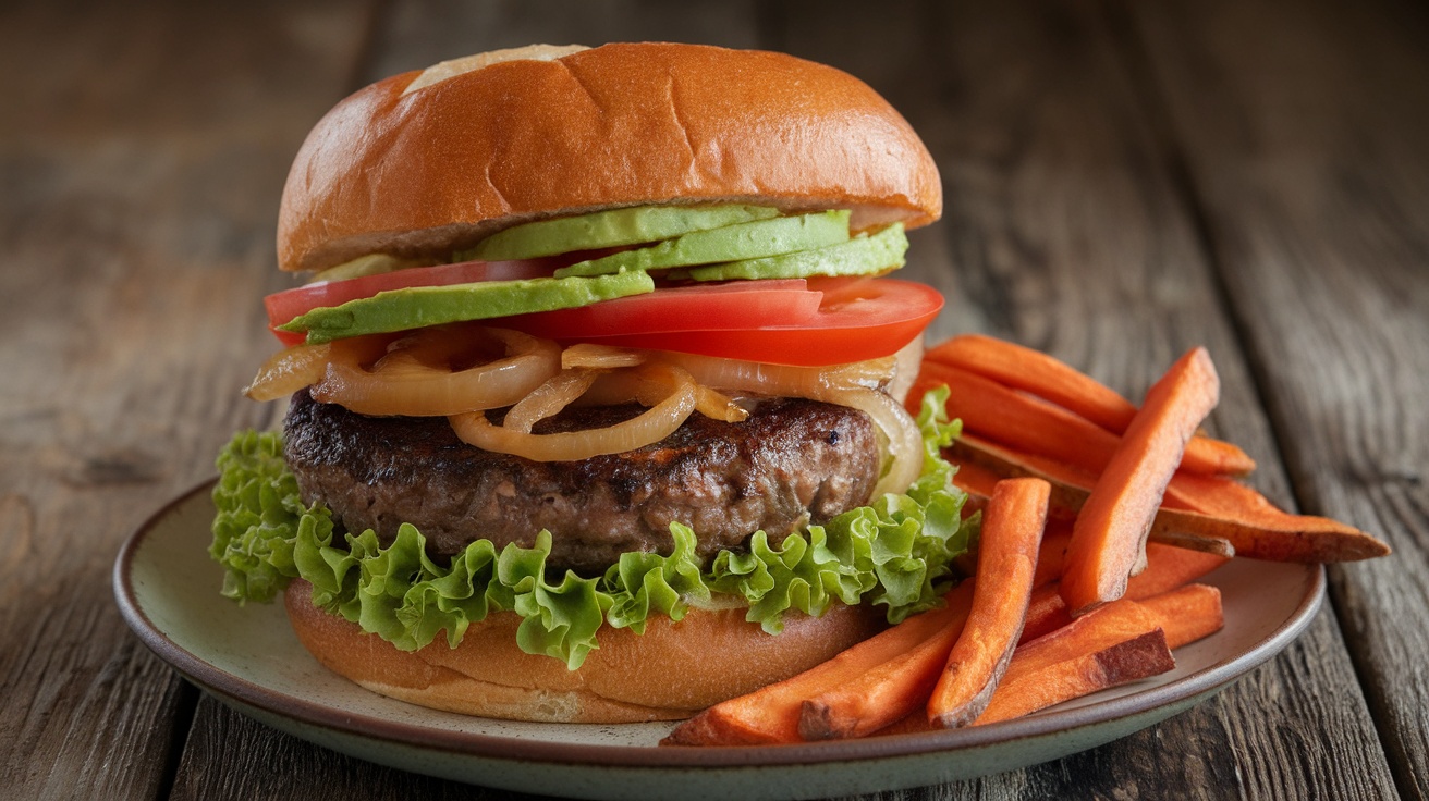 Savory Vegan Mushroom and Caramelized Onion Burger A stacked vegan mushroom and caramelized onion burger with lettuce, tomato, and avocado, accompanied by sweet potato fries on a rustic table.