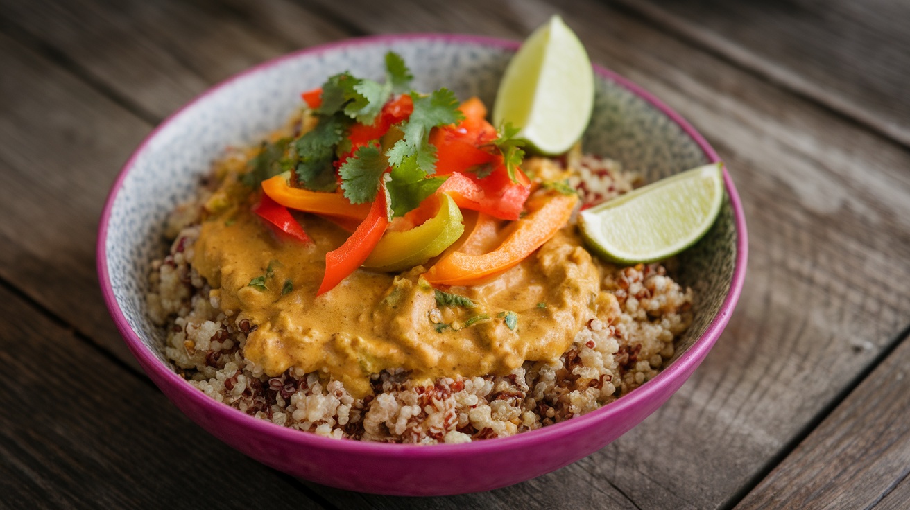 Delicious Vegan Coconut Curry Quinoa Bowl Vegan Coconut Curry Quinoa Bowl with quinoa, coconut curry sauce, bell peppers, lime, and cilantro on a wooden table.
