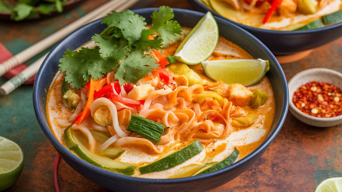 Hearty Vegan Curry Noodle Soup A hearty bowl of vegan curry noodle soup with colorful noodles, vegetables, and coconut broth, garnished with cilantro and lime.