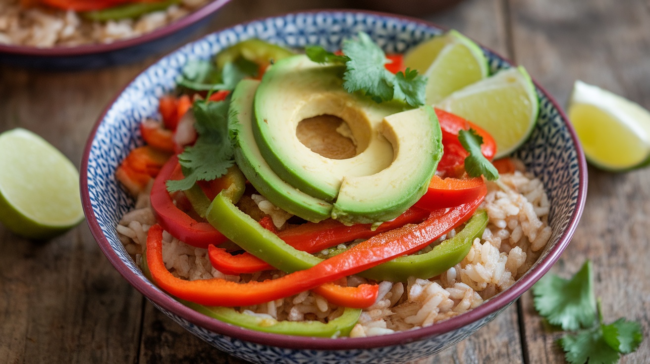 Savory Vegan Fajita Burrito Bowls A vibrant Vegan Fajita Burrito Bowl with colorful vegetables, avocado, and lime, on a wooden table.