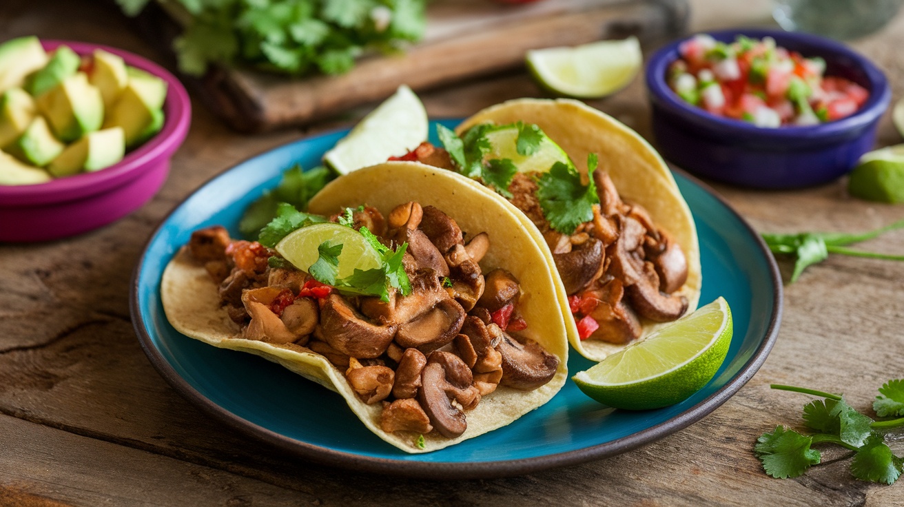 Savory Vegan Mushroom Carnitas Tacos Vegan Mushroom Carnitas Tacos served with cilantro and lime on a rustic wooden table.