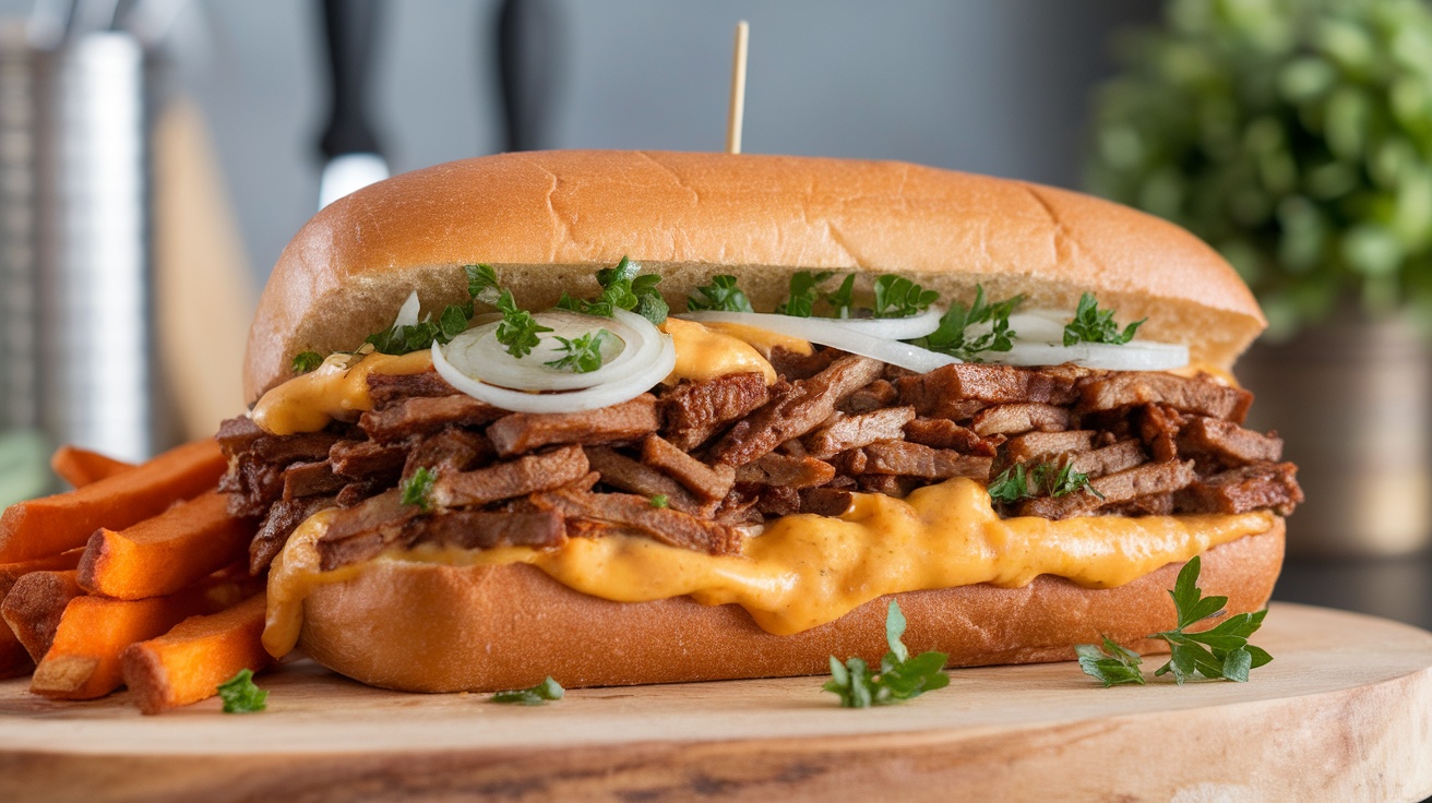 Delicious Vegan Seitan Philly Cheesesteak Recipe A delicious Vegan Seitan Philly Cheesesteak on a toasted hoagie roll with sautéed onions and melted vegan cheese, served with sweet potato fries.