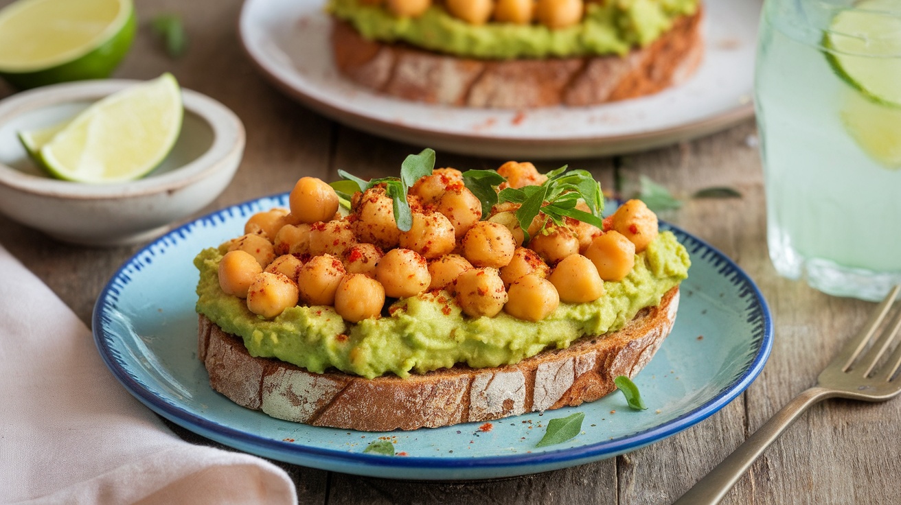 A close-up of Vegan Smashed Chickpea Avocado Toast on whole grain bread, topped with herbs and red pepper flakes.