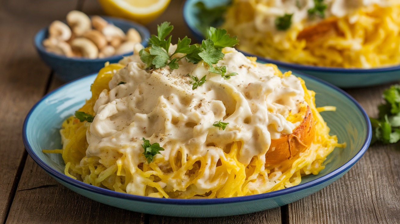 A colorful plate of Vegan Spaghetti Squash Alfredo garnished with parsley, with cashews and lemon in the background.