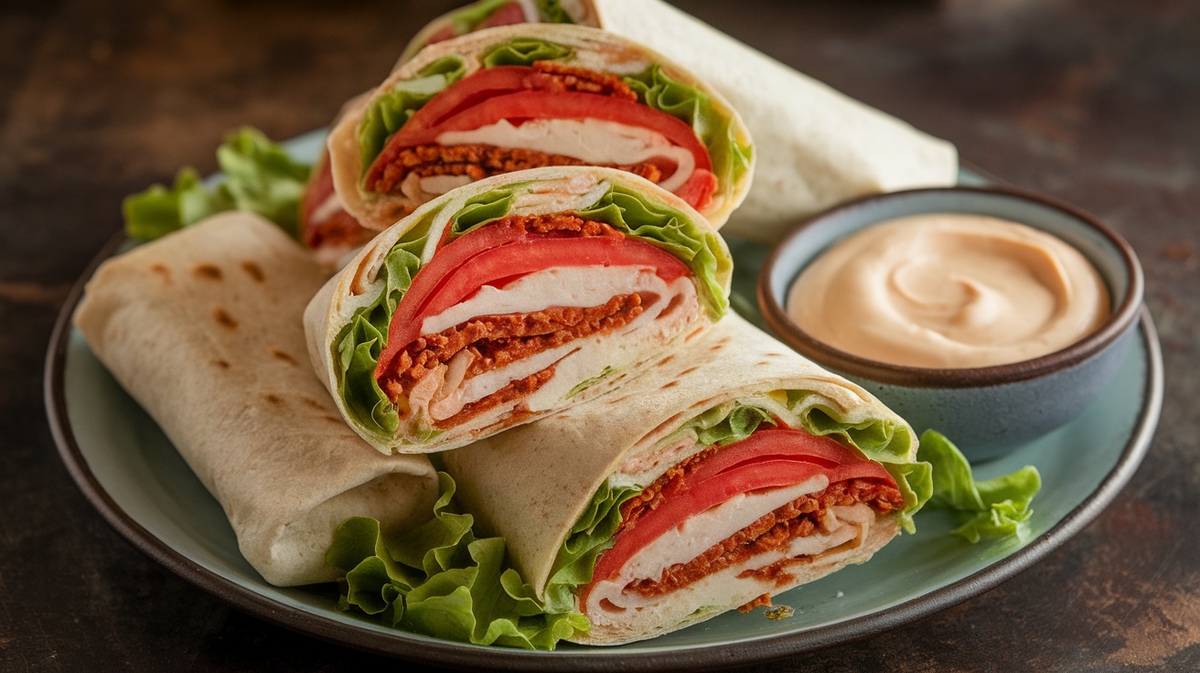 Savory Vegan Tempeh Bacon BLT Wraps Vegan Tempeh Bacon BLT Wraps filled with crispy tempeh, lettuce, and tomato, served on a plate with vegan mayonnaise.