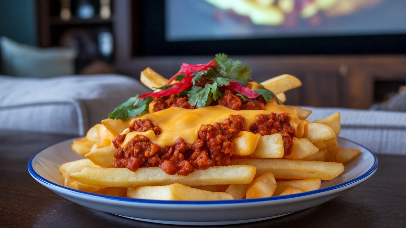 Delicious Vegan Chili Cheese Fries Recipe A plate of vegan chili cheese fries topped with chili and vegan cheese, garnished with cilantro, ready for enjoying.