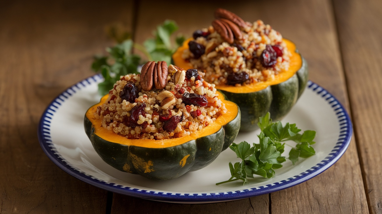 Stuffed acorn squash with quinoa, cranberries, and pecans on a rustic wooden table, garnished with parsley.