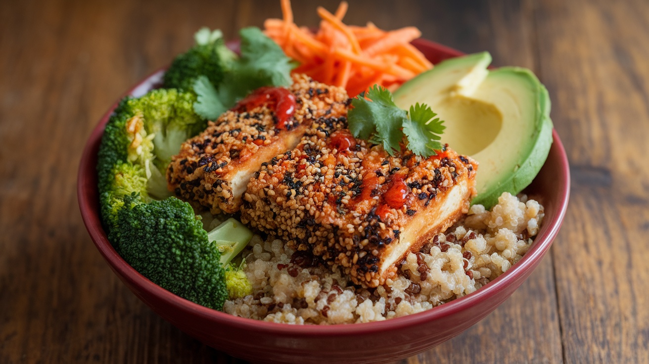Delicious Vegan Sesame Crusted Tempeh Bowls A colorful vegan bowl featuring sesame crusted tempeh, quinoa, broccoli, and avocado, garnished with cilantro.