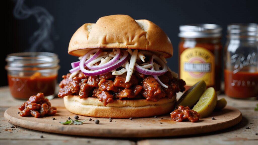 "BBQ jackfruit sandwich with coleslaw, red onions and dill pickles on a rustic wooden board, with additional BBQ sauce and vintage enamelware in the background"