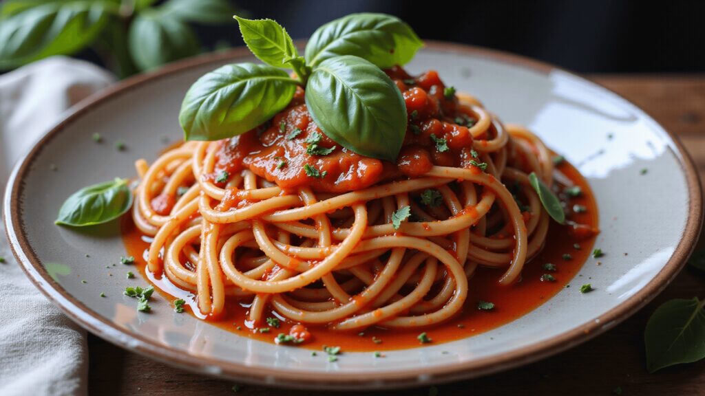 "Vegan spaghetti with marinara sauce and fresh basil garnish on a rustic wooden table"