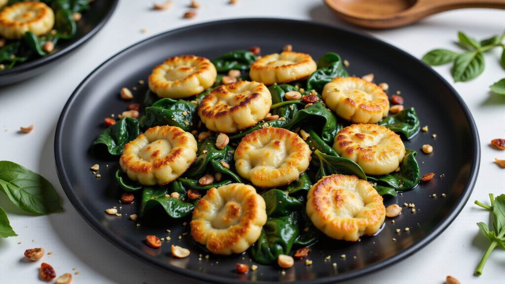 "Overhead view of pan-fried gnocchi with wilted spinach and caramelized garlic on a black plate, garnished with fresh herbs and nutritional yeast, under soft window light"