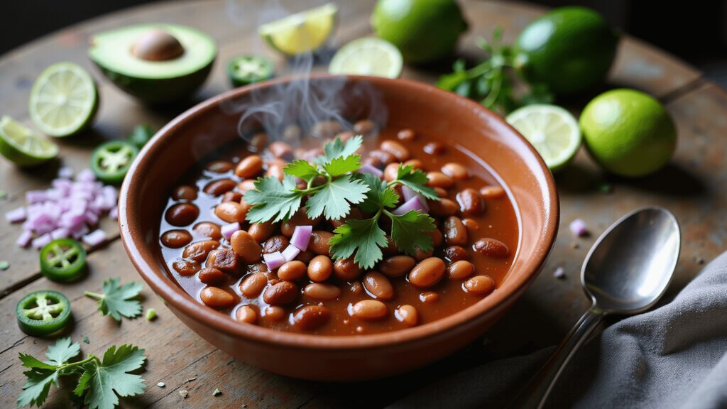 "Hearty vegan chili in rustic bowl, garnished with cilantro and red onions, surrounded by fresh ingredients on wooden table."