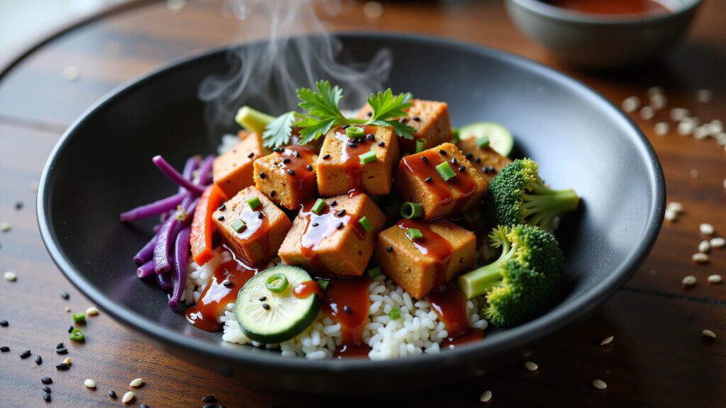 "Overhead shot of a Korean BBQ tofu bowl with crispy tofu and assorted vegetables on a dark wooden table"