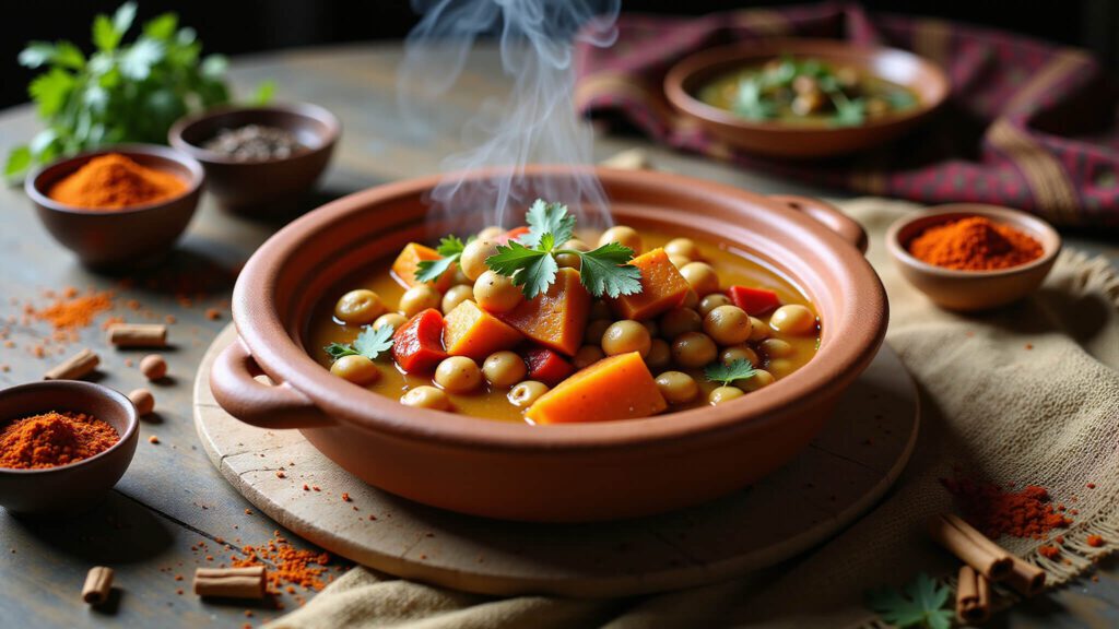 "Overhead shot of steaming Moroccan chickpea stew with sweet potato and red bell peppers in earthenware bowl, garnished with cilantro and paprika on a rustic wooden table amidst scattered spices and herbs, with a Moroccan textile in background"