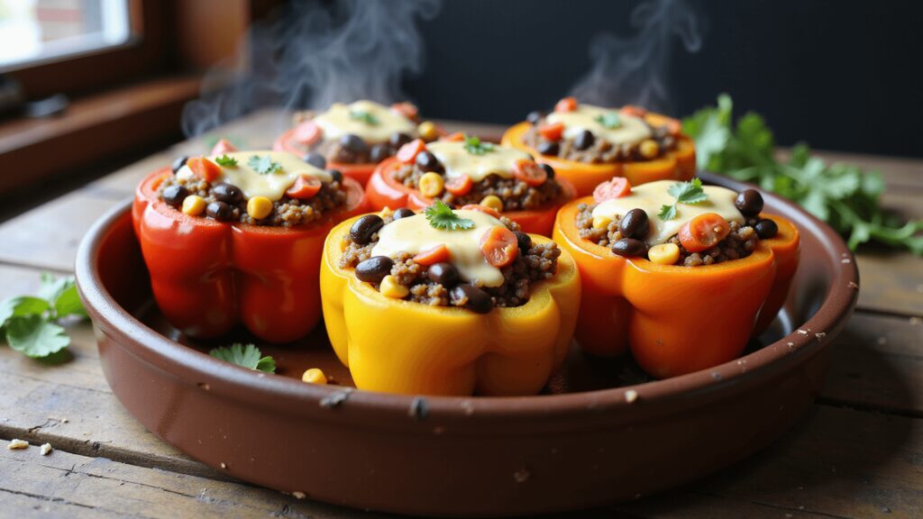 "Freshly baked quinoa stuffed bell peppers with cheese in a rustic baking dish on a wooden table"
