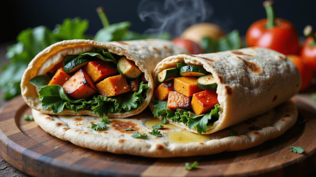 "Close-up of a halved Mediterranean veggie wrap with roasted vegetables and hummus on a rustic wooden board"