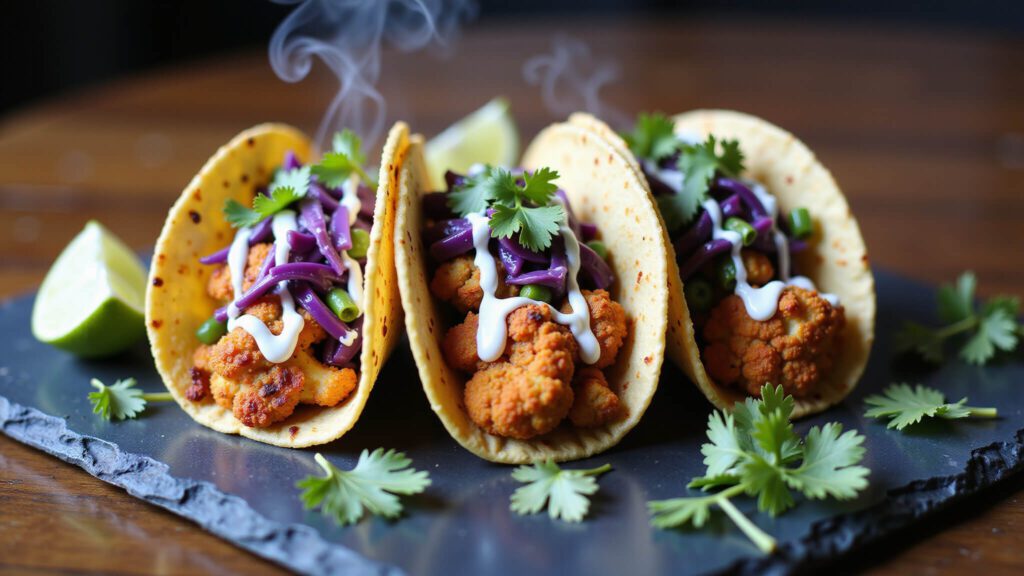 "Three spiced cauliflower tacos with cashew crema and cabbage slaw on a slate platter"