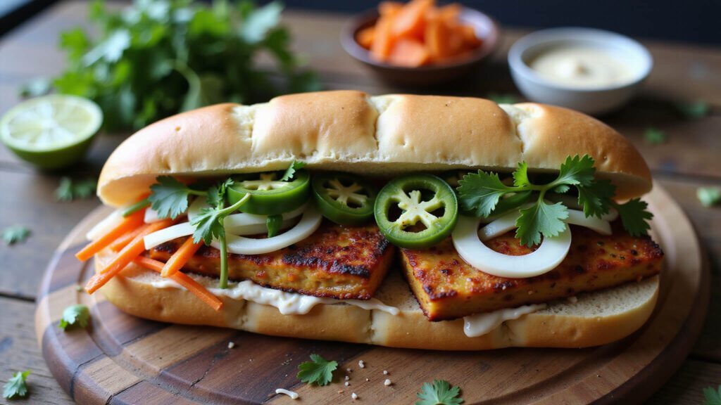 "Overhead shot of a vegan Banh Mi sandwich with marinated tofu and pickled vegetables on a rustic wooden board"
