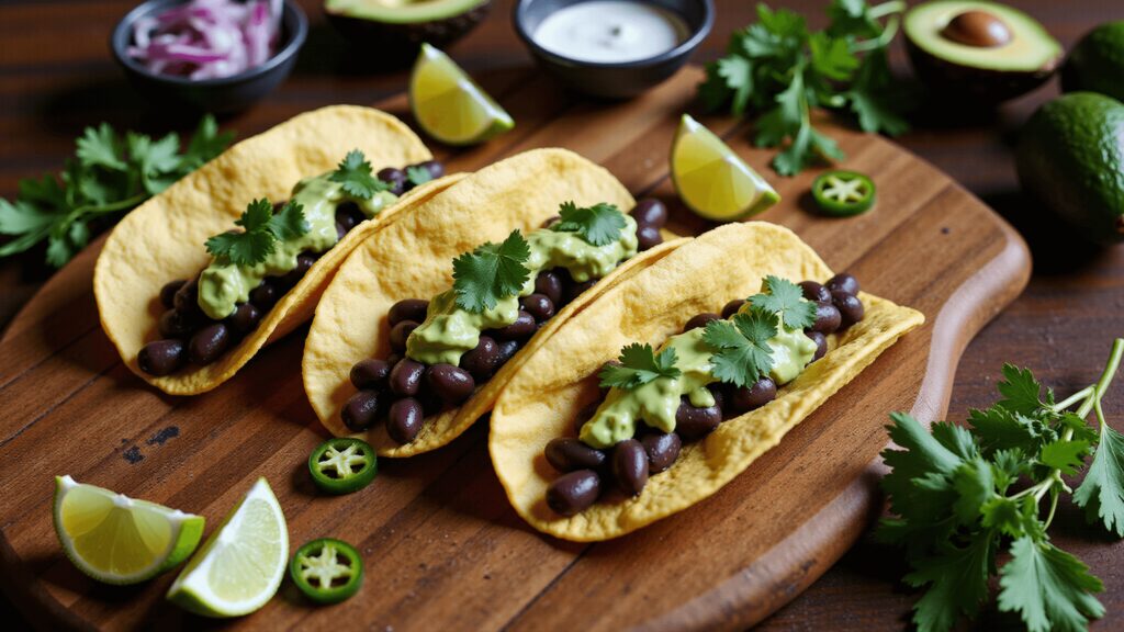 "Vegan black bean tacos with avocado crema, garnished with cilantro and pickled red onions, displayed on a rustic wooden table with ingredients around"