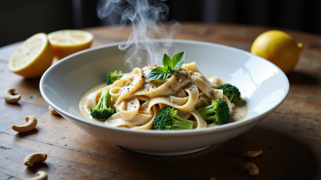 "Vegan broccoli alfredo pasta in a white bowl with cashew cream sauce, garnished with basil, nutritional yeast, and black pepper on a rustic wooden table."