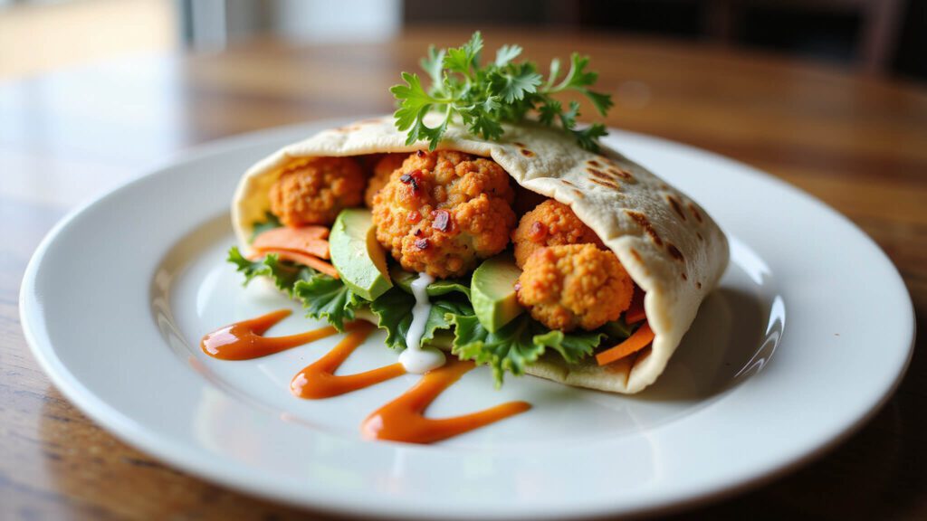 "Vegan buffalo cauliflower wrap with avocado and greens on a white plate"