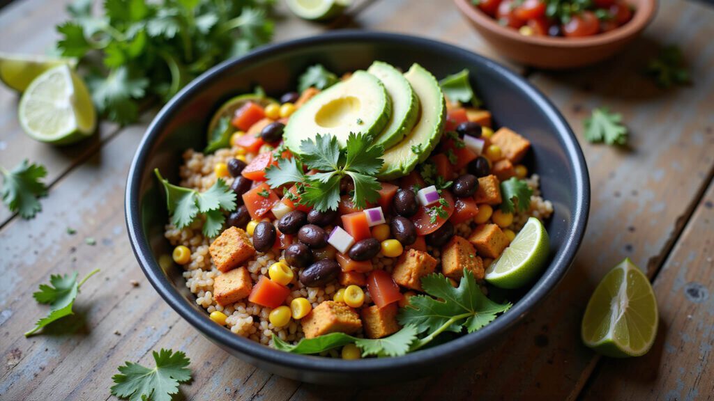 "Overhead shot of a colorful vegan burrito bowl on a rustic table, featuring layered ingredients like brown rice, crumbled tofu, charred bell peppers, corn, red onions, lettuce, black beans, salsa, and avocado garnished with lime and microgreens."