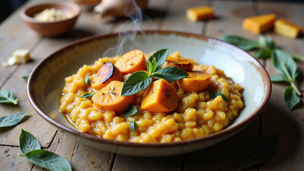 "Butternut squash risotto with sage and nutritional yeast in rustic ceramic bowl"
