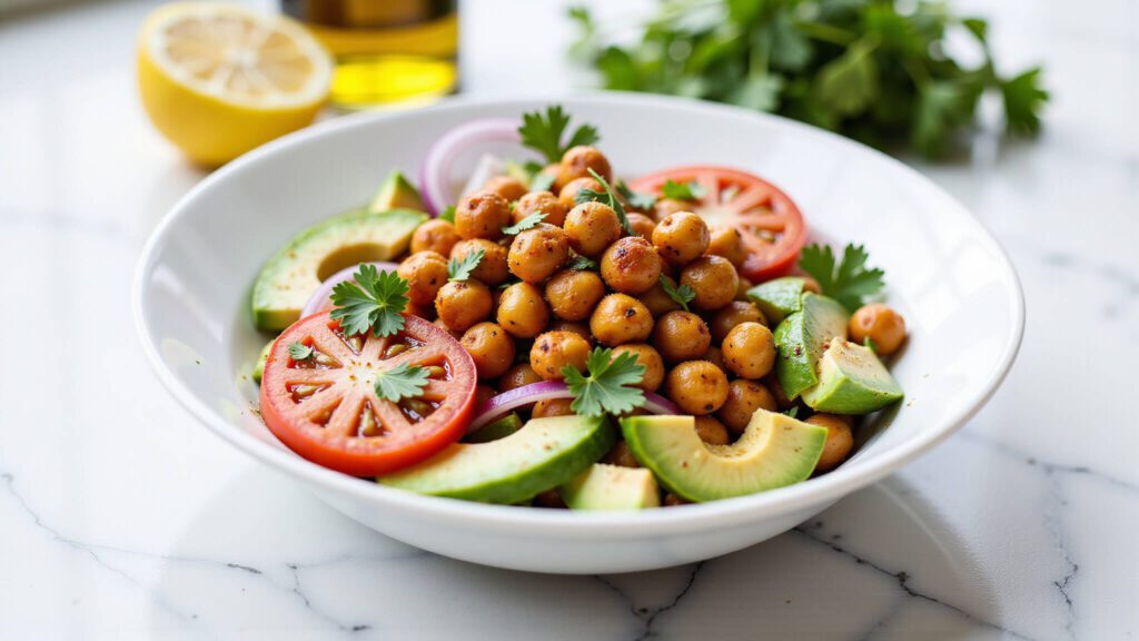 "Mediterranean-style vegan salad with roasted chickpeas, fresh vegetables, herbs, and avocado in a white ceramic bowl with olive oil and lemon in the background"