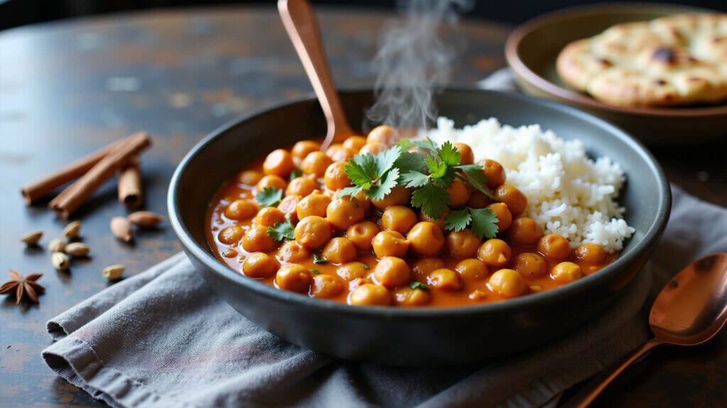 "Vegan chickpea tikka masala in a dark ceramic bowl with spices, basmati rice and naan bread on a rustic wooden table, professional food photography."