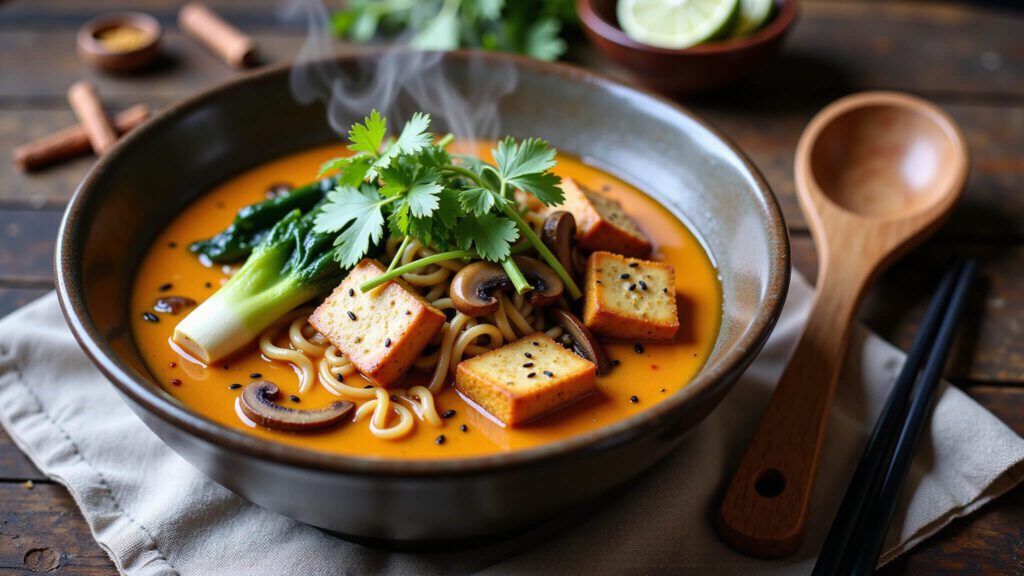 "Overhead view of a bowl of vegan coconut curry ramen with crispy tofu, bok choy, shiitake mushrooms, garnished with cilantro and green onions, served on a rustic wooden table."