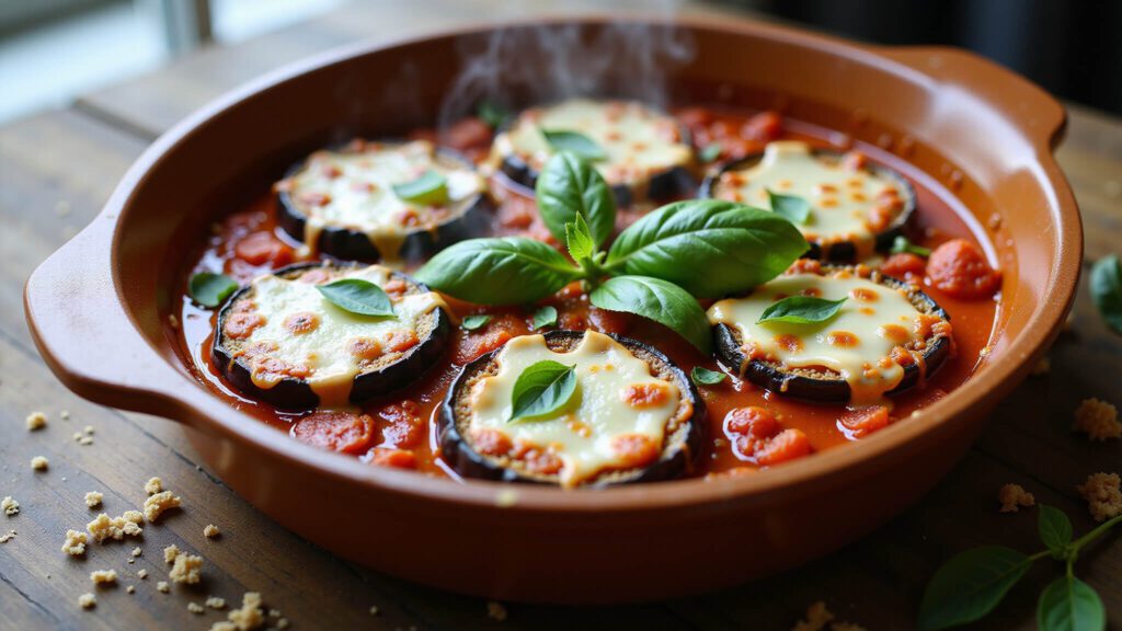 "Close-up of a bubbling vegan eggplant parmesan layered casserole in a rustic dish with fresh basil"