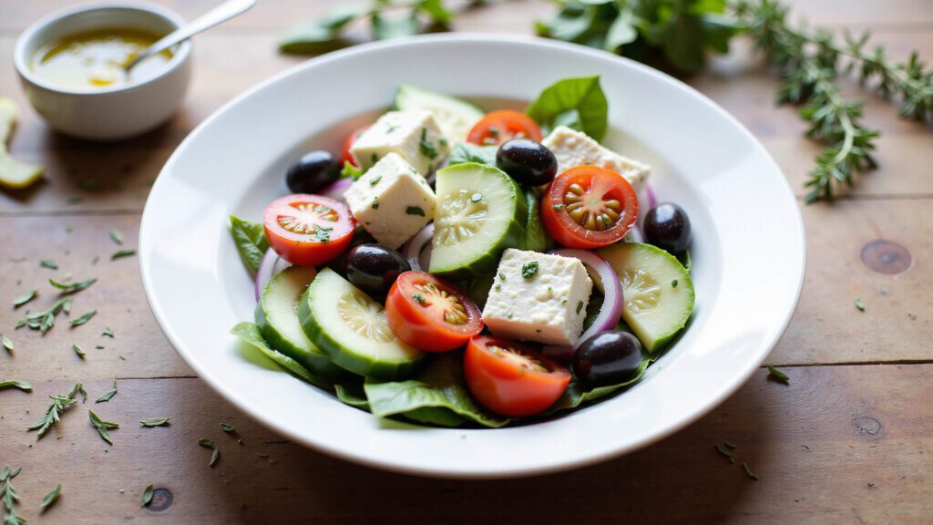 "Mediterranean vegan Greek salad with tofu feta, cucumbers, tomatoes, red onions, and Kalamata olives, served in a white bowl on a rustic wooden table."
