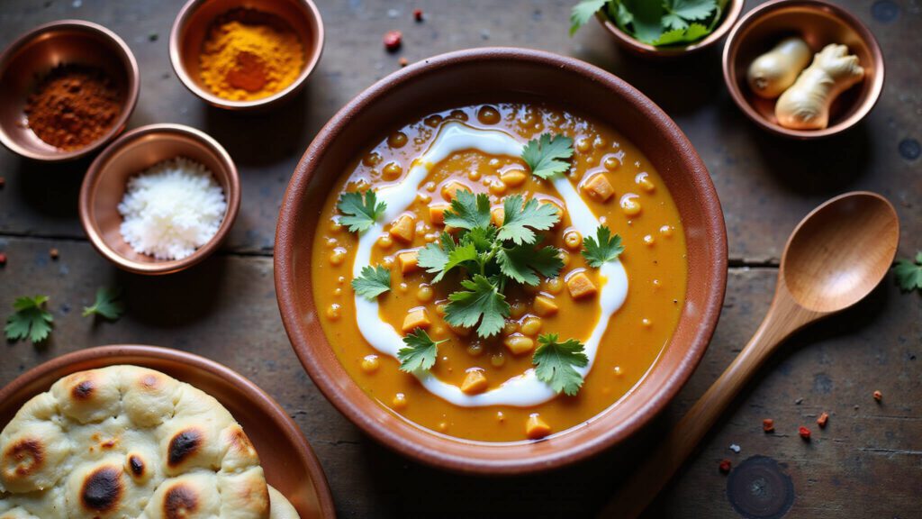 "Overhead shot of a bowl of creamy red lentil daal with coconut milk, fresh cilantro, naan bread and assortment of spices on a rustic wooden table"