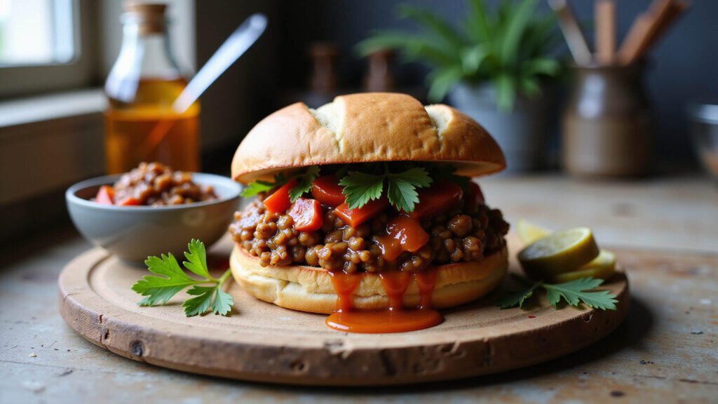 "Vegan lentil sloppy joe sandwich on rustic serving board, garnished with parsley and pickles"