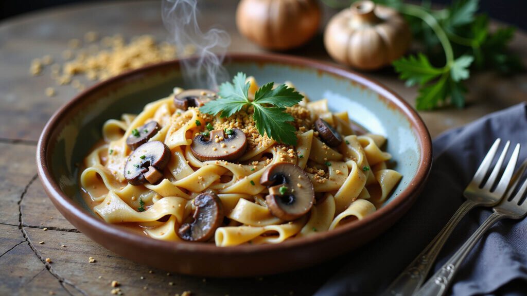 "Overhead shot of creamy vegan mushroom stroganoff with fettuccine pasta in a rustic ceramic bowl on a wooden table"