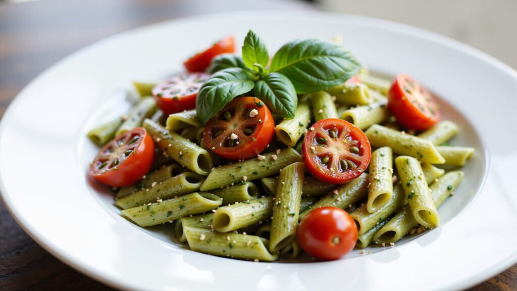 "Vegan pesto penne pasta with roasted cherry tomatoes on a clean white plate"