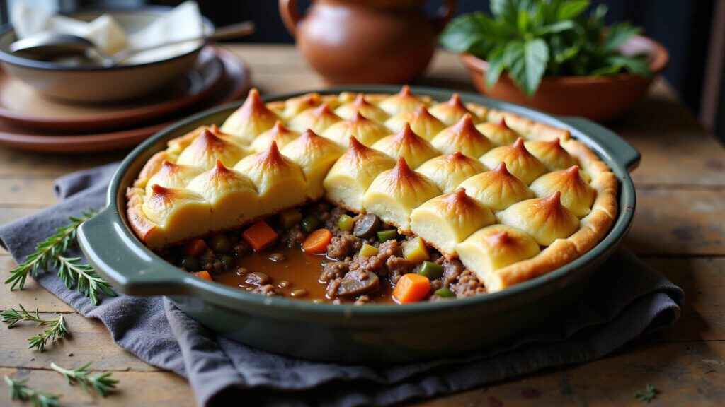 "Vegan shepherd's pie in rustic ceramic dish with crispy potato topping and rich vegetable filling on a weathered wooden table"