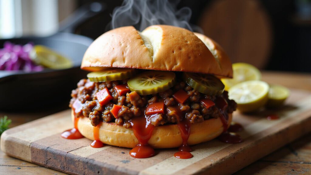 "Vegan sloppy joe sandwich with lentils and Beyond Meat on a rustic wooden board, garnished with dill pickles and purple cabbage slaw"