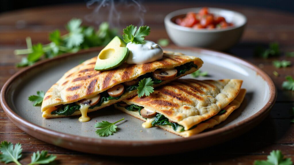 "Close-up of freshly grilled vegan spinach and mushroom quesadilla on rustic plate with avocado and vegan sour cream garnish, served with salsa"