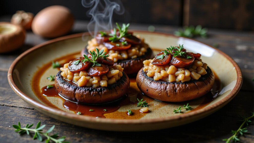 "Stuffed portobello mushrooms with wild rice and caramelized onions on rustic ceramic plate"