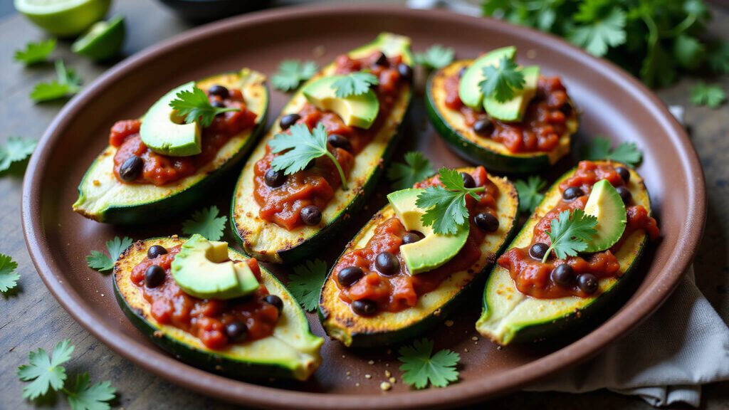 "Baked zucchini boats with black bean filling on rustic platter, garnished with marinara sauce, cilantro, and avocado slices under natural window lighting"