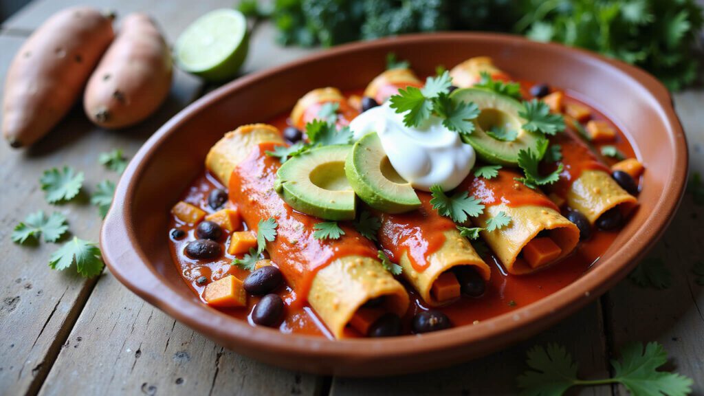 "Vegan sweet potato and black bean enchiladas in a rustic baking dish, garnished with avocado and cilantro, on a wooden table"