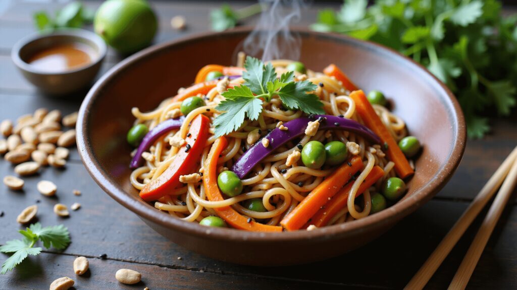 "Overhead shot of vegan Thai peanut noodles with julienned rainbow vegetables, garnished with cilantro, crushed peanuts, and black sesame seeds on a dark wood surface"
