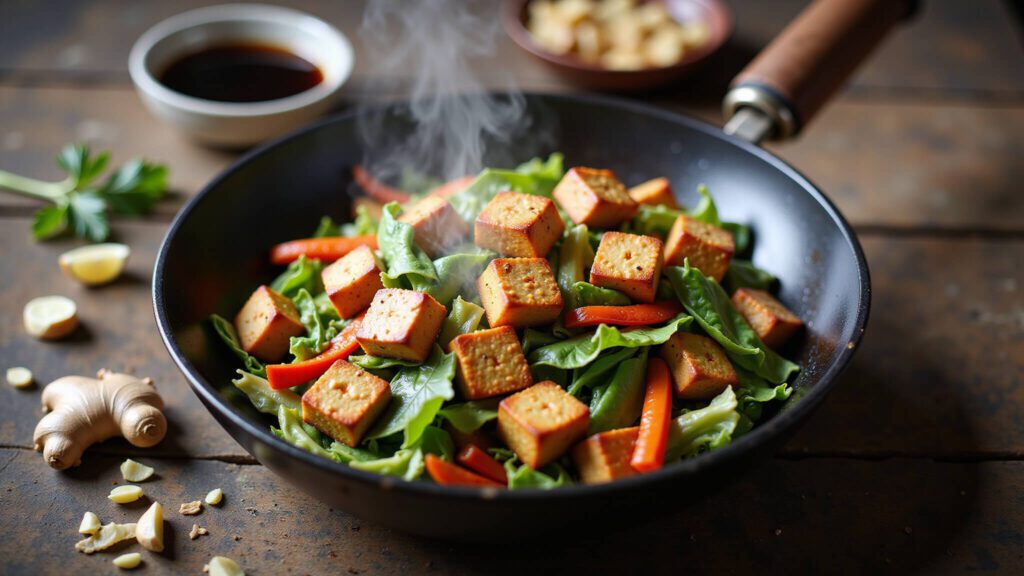 "Overhead shot of a vegan cabbage and tofu stir-fry in wok on wooden surface with fresh ingredients and soy sauce on side"