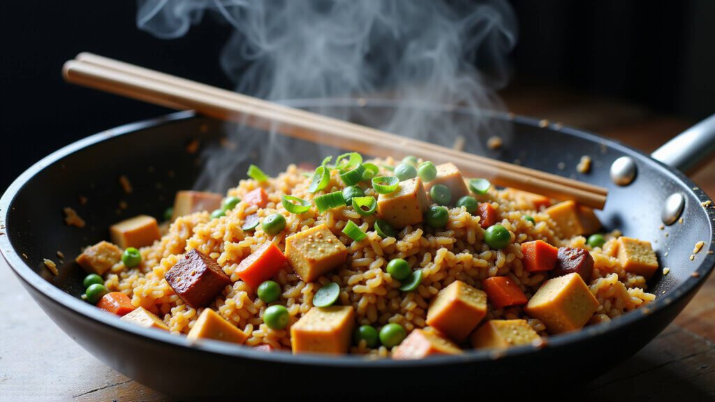 "Overhead view of vegan fried rice with golden tofu and vegetables in a sizzling wok, garnished with green onions"