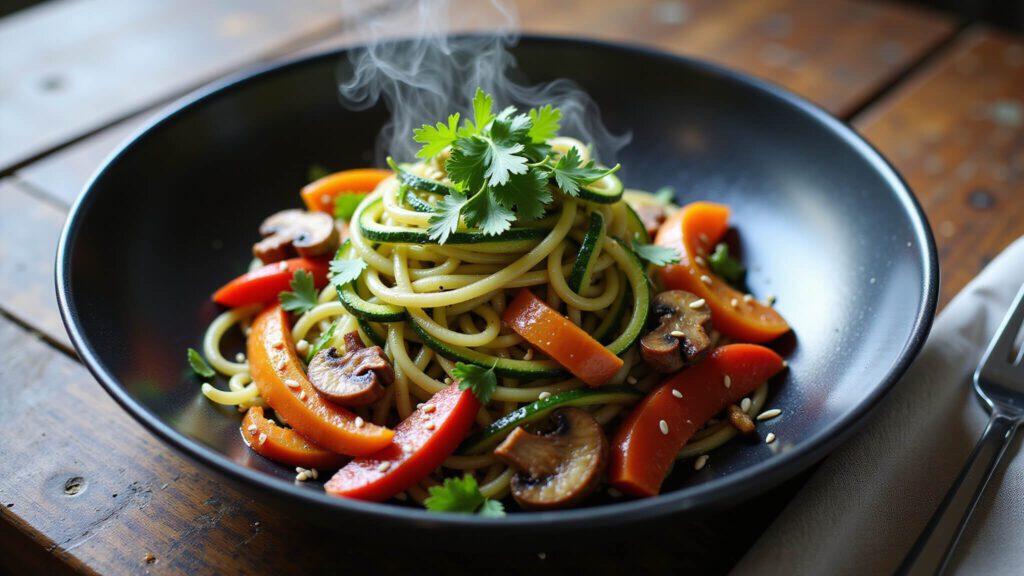 "Overhead shot of vegan zucchini noodle stir-fry with fresh vegetables in a black ceramic bowl on a dark wooden table"