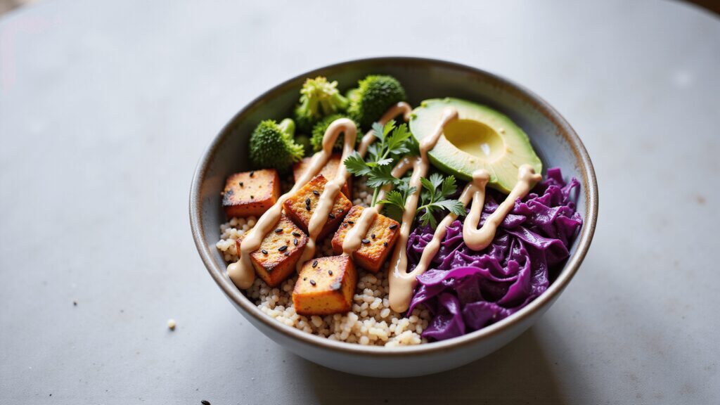 "Vibrant vegan Buddha bowl with drizzled tahini sauce, served on a clean background."