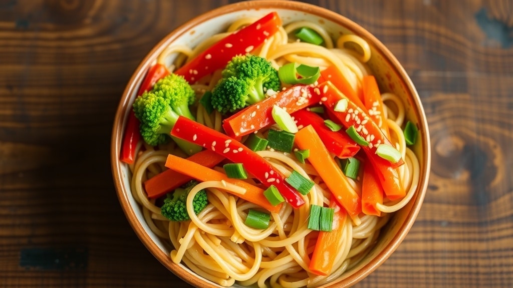 A bowl of Vegan Spicy Teriyaki Rice Noodles with colorful vegetables, garnished with sesame seeds and green onions.