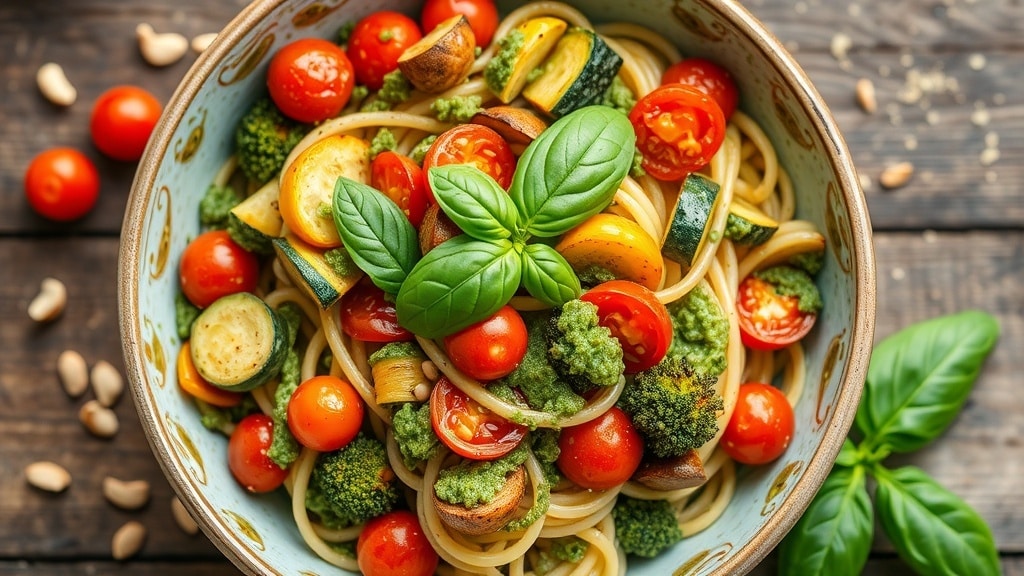 Vegan Pesto Pasta with Roasted Veggies